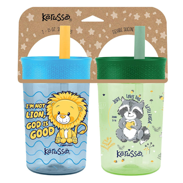 Kerusso - Kerusso 15 oz Silicone Straw Cup Raccoon &amp; Lion (2 Pack)